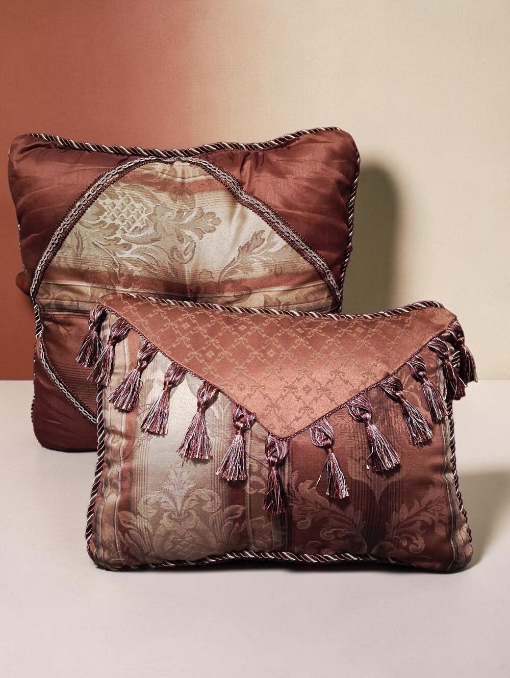 Chris Madden Accent Pillow Set Triangle Overlay Cord Trim Rose Brown Color Silky